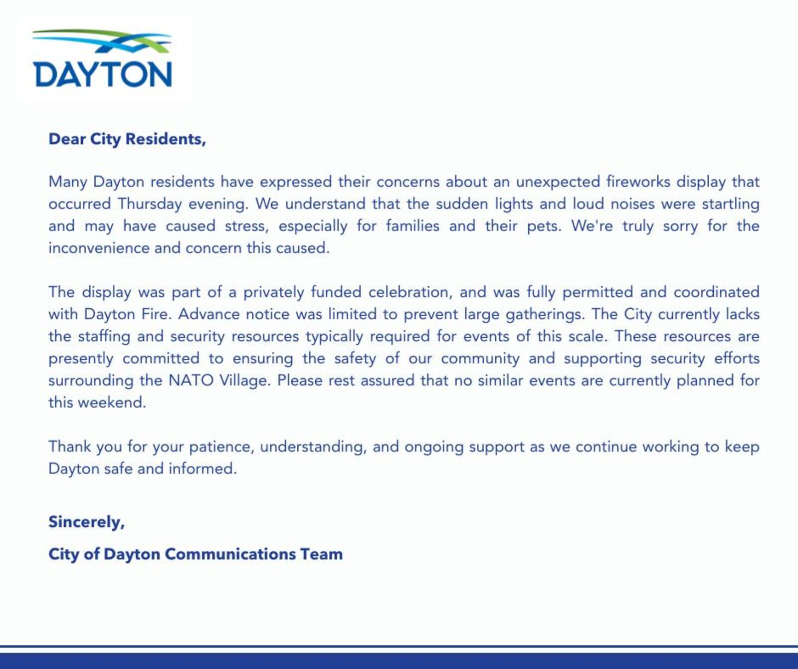 City releases statement to residents upset by unannounced firework display. (CONTRIBUTED)