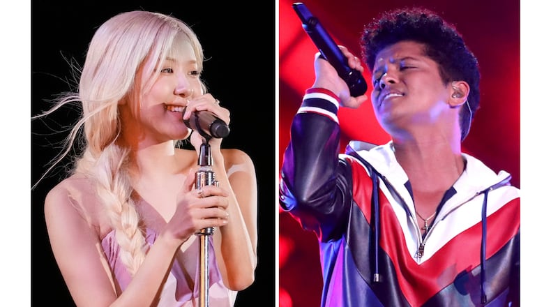 Rose performs during the Global Citizen Festival in New York on Sept. 27, 2025, left, and Bruno Mars performs at the 59th annual Grammy Awards in Los Angeles on Feb. 12, 2017. (AP Photo)