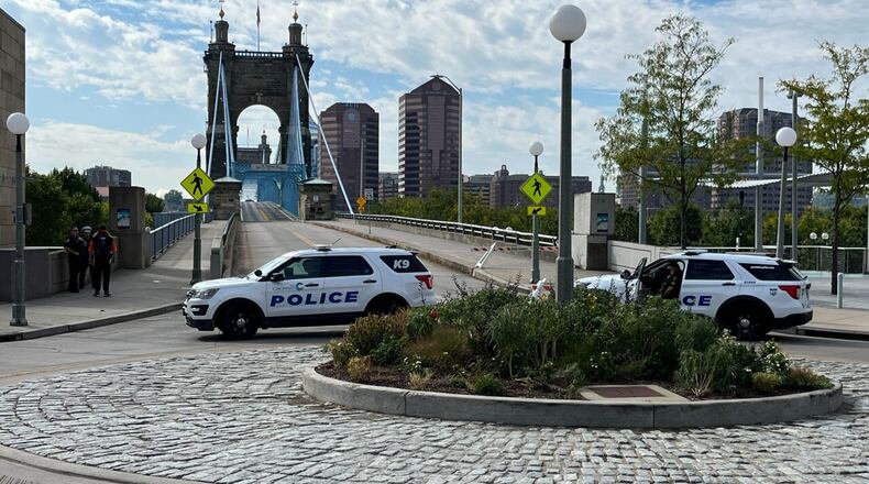 The Roebling Suspension Bridge shut down Sunday, Sept. 17, 2023 for a bomb threat. This is the second bomb threat at the bridge in one week. Photo courtesy Emily Gibney, WCPO