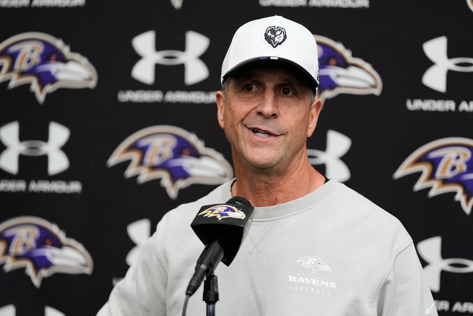 Baltimore Ravens head coach John Harbaugh speaks to media after an NFL team practice, Wednesday, May 28, 2025, at the Under Armour Performance Center in Owings Mills, Md. (AP Photo/Stephanie Scarbrough)