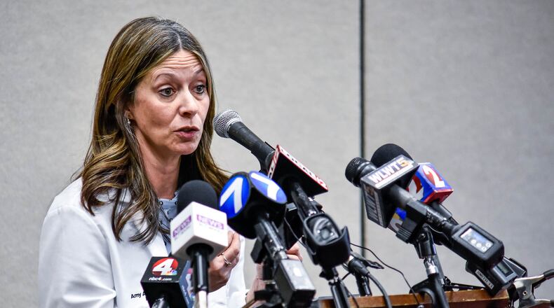 Amy Acton, M.D., director of health for the Ohio Department of Health, speaks during a press conference held at Miami University in Oxford Tuesday, Jan. 28, 2020 regarding two possible cases of coronavirus in students who recently returned back from China. The cases are not confirmed but precautions are being taken. NICK GRAHAM / STAFF