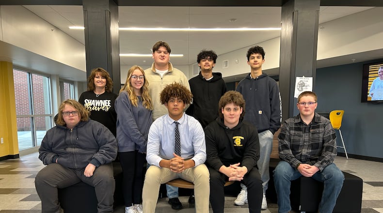 Clark-Shawnee High School students will hold a tree-planting event on May 6 where residents can buy saplings or volunteer to plant trees in local yards to help offset the school's energy consumption.
Front Row left to right: Gavin Extine, Darian Dixon, Zach Hennigan and Cash Bates; Back Row left to right: Cheri Meyers, Destiny Collier, Evan Erdman, Tyler Durdan and Case Dunn; Not pictured: Dane Grabill and Emily Kuhn. Contributed