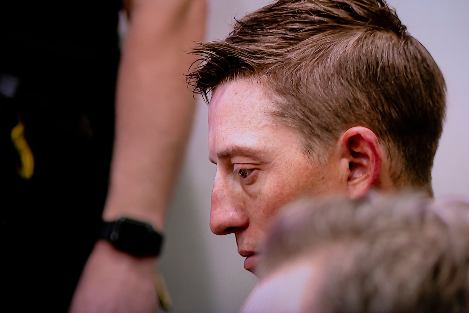 Former Grand Rapids Police officer Christopher Schurr enters the Kent County Courthouse with his wife Brandey in Grand Rapids, Mich. on Friday, May 2, 2025. (Joel Bissell /Kalamazoo Gazette via AP)