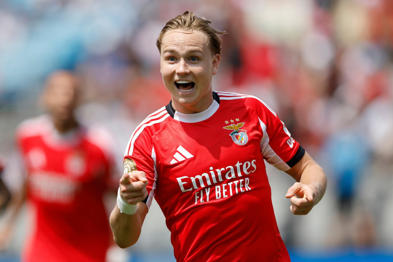 Benfica's Andreas Schjelderup celebrates after scoring during the Club World Cup Group C soccer match between Benfica and Bayern Munich in Charlotte, N.C., Tuesday, June 24, 2025. (AP Photo/Nell Redmond)