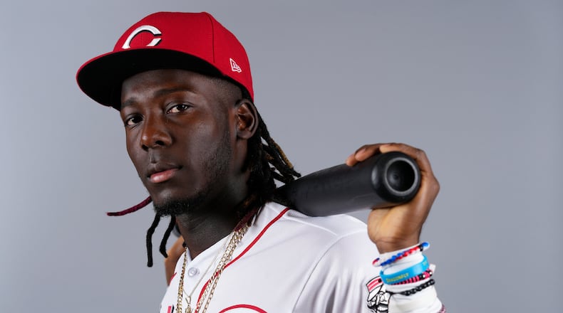 Cincinnati Reds shortstop Elly De La Cruz poses for a photograph during MLB spring training baseball photo day in Goodyear, Ariz., Tuesday, Feb. 21, 2023. (AP Photo/Ross D. Franklin)
