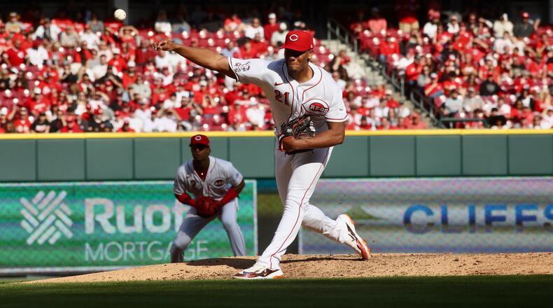 Reds starter Hunter Greene pitches against the Pittsburgh Pirates on Opening Day on Thursday, March 30, 2023, at Great American Ball Park in Cincinnati. David Jablonski/Staff