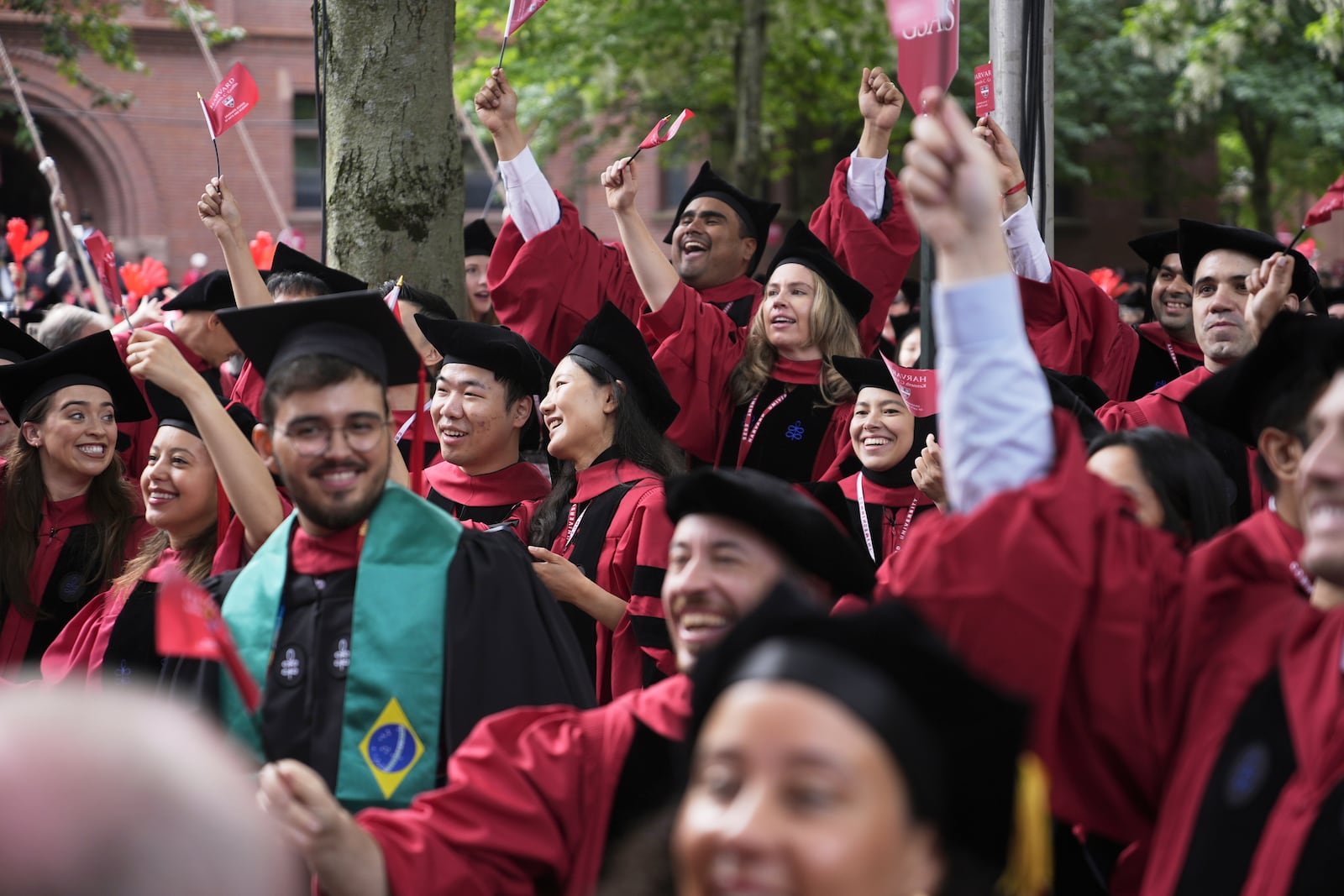 Students cheer during Harvard University's commencement ceremonies, Thursday, May 29, 2025 in Cambridge, Mass. (AP Photo/Charles Krupa)