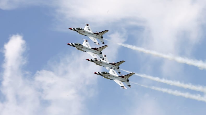 The U. S. Air Force Thunderbirds in the diamond formation at the Vectren Dayton Air Show on Saturday, July 23.
