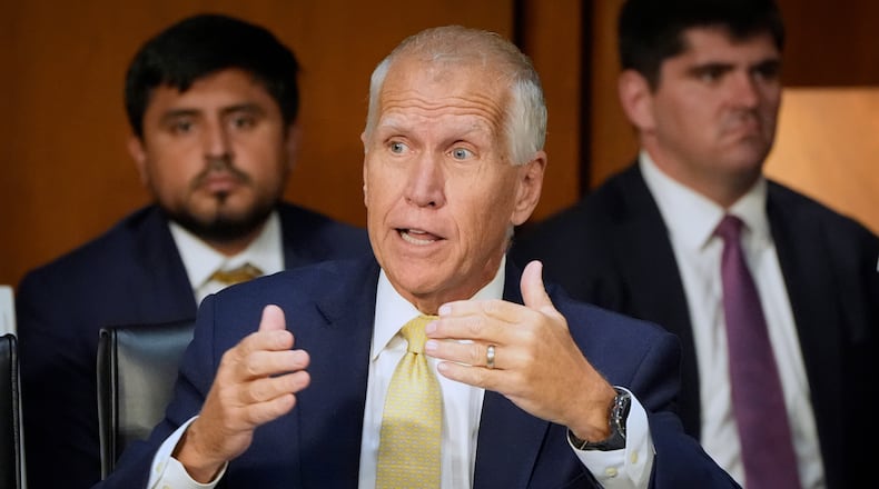 FILE - Sen. Thom Tillis, R-N.C., speaks during a Senate Judiciary Committee oversight hearing on Capitol Hill in Washington, Tuesday, Oct. 7, 2025. (AP Photo/Mark Schiefelbein, File)