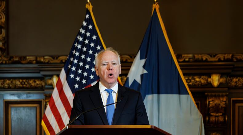 Minnesota Gov. Tim Walz holds a news conference at the Minnesota State Capitol on Monday, Jan. 5, 2026, in St. Paul, Minn. (Kerem Yücel/Minnesota Public Radio via AP)