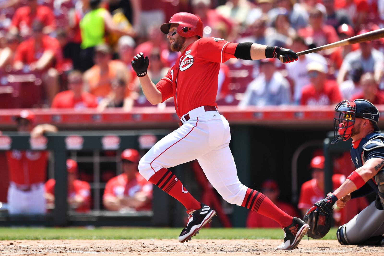 Zack Cozart of the Cincinnati Reds hits a triple in the fourth inning against the Atlanta Braves at Great American Ball Park on June 4, 2017 in Cincinnati, Ohio. (Photo by Jamie Sabau/Getty Images)