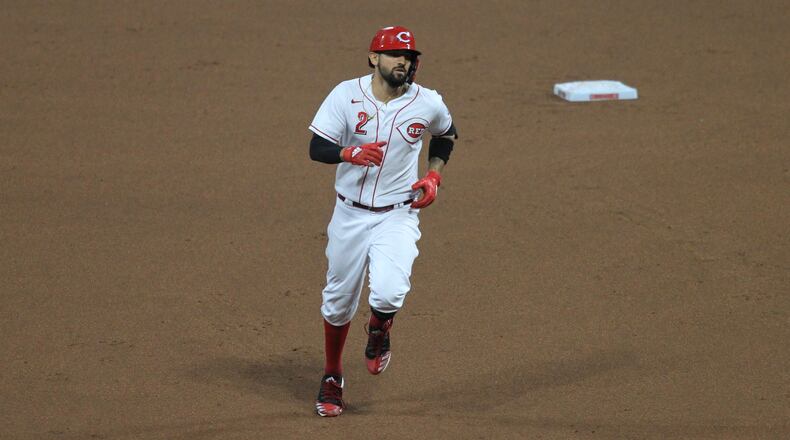 Nick Castellanos, of the Reds, rounds the bases after a home run against the Indians on Monday, Aug. 3, 2020, at Great American Ball Park in Cincinnati.