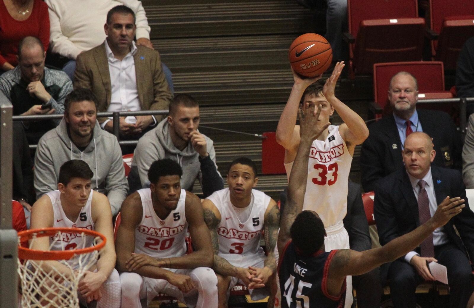 Matej Svoboda, center, watches a Dayton game against Duquesne on Feb. 4, 2017, at UD Arena. David Jablonski/Staff