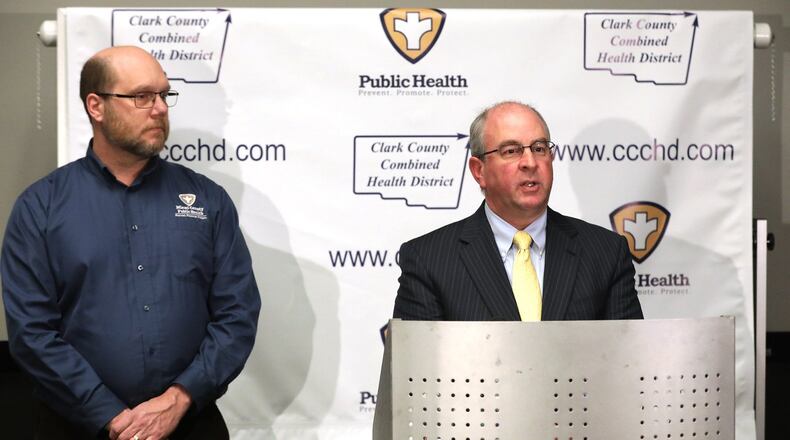 Clark County Health Commissioner Charles Patterson, right, and Dennis Propes, the Miami County Health Commissioner, hold a joint press conference to announce that a man from Clark County, who was staying at a Miami County care facility, has been diagnosed with the Coronavirus. BILL LACKEY/STAFF