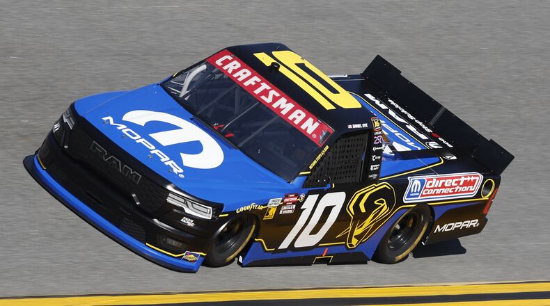 FILE - Daniel Dye (10) drives during qualifying for a NASCAR truck series auto race at Daytona International Speedway, Friday, Feb. 13, 2026, in Daytona Beach, Fla. (AP Photo/David Graham, File)