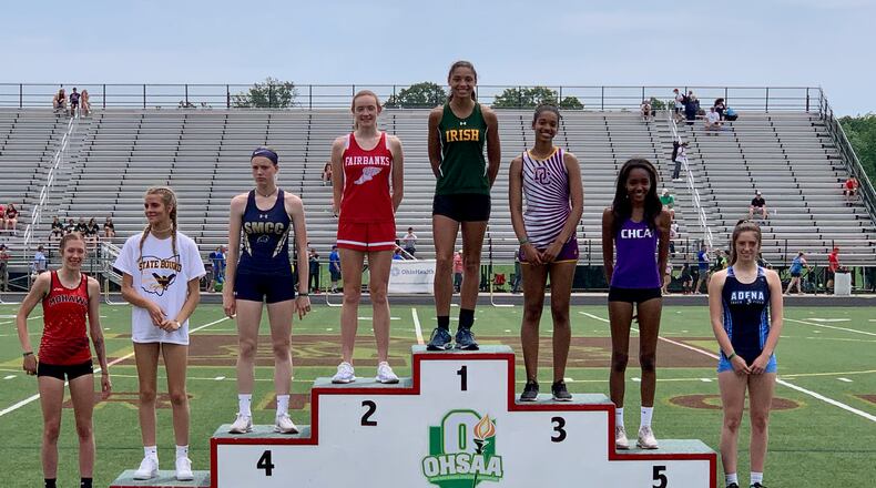 Catholic Central's Mallory Mullen stands atop the podium after winning the Division III state championship in the high jump on Friday, June 4, 2021, at Westerville North High School. Photo courtesy of Catholic Central High School