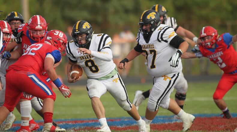 Shawnee’s Matt Guyer runs for a touchdown against Northwestern on Friday, Sept. 20, 2019, at Taylor Field in Springfield. David Jablonski/Staff