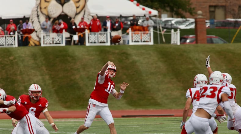 Wittenberg's Collin Brown throws a pass against Wabash on Saturday, Oct. 1, 2022, at Edwards-Maurer Field in Springfield. David Jablonski/Staff