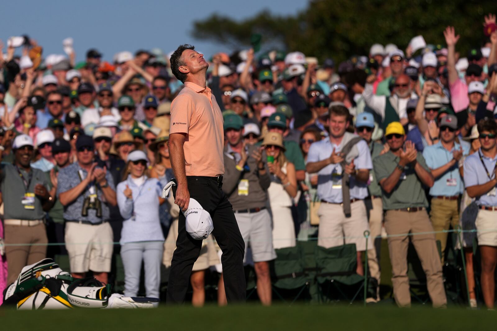Justin Rose celebrates after a birdie on the 18th hole during the final round at the Masters golf tournament, Sunday, April 13, 2025, in Augusta, Ga. (AP Photo/Matt Slocum)
