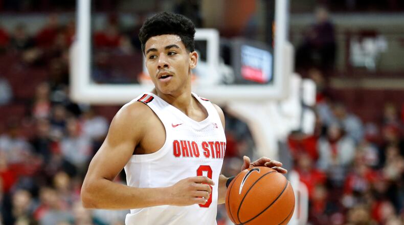 COLUMBUS, OHIO - NOVEMBER 22: D.J. Carton #3 of the Ohio State Buckeyes brings the ball up the court in the game against the Purdue Fort Wayne Mastodons during the second half at Value City Arena on November 22, 2019 in Columbus, Ohio. (Photo by Justin Casterline/Getty Images)