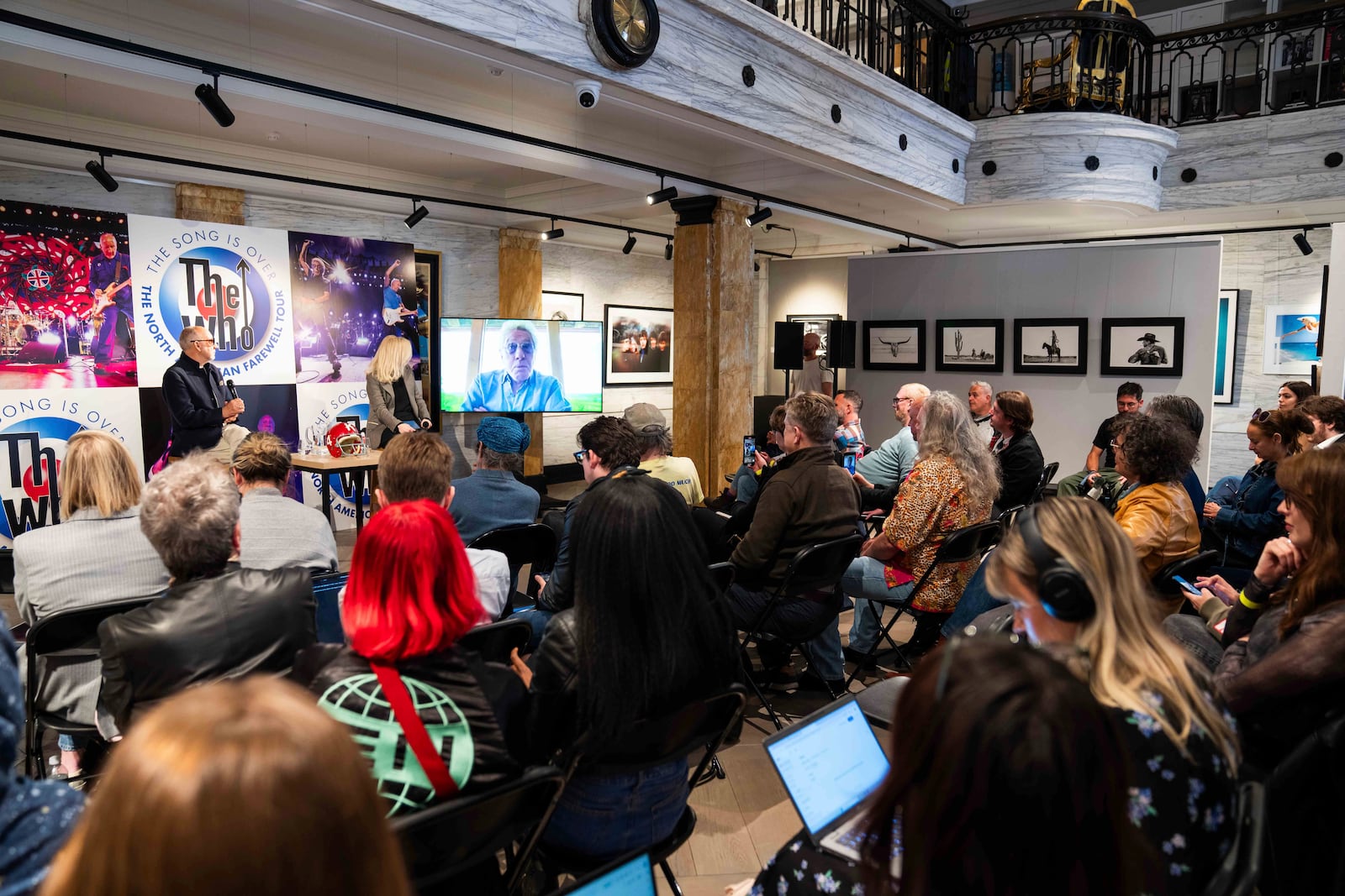 Pete Townshend, left, and Claire Sturgess during the announcement of 'The Who: The Song Is Over, The North American Farewell Tour' on Thursday, May 9, 2025, in London. (Photo by Scott A Garfitt/Invision/AP)