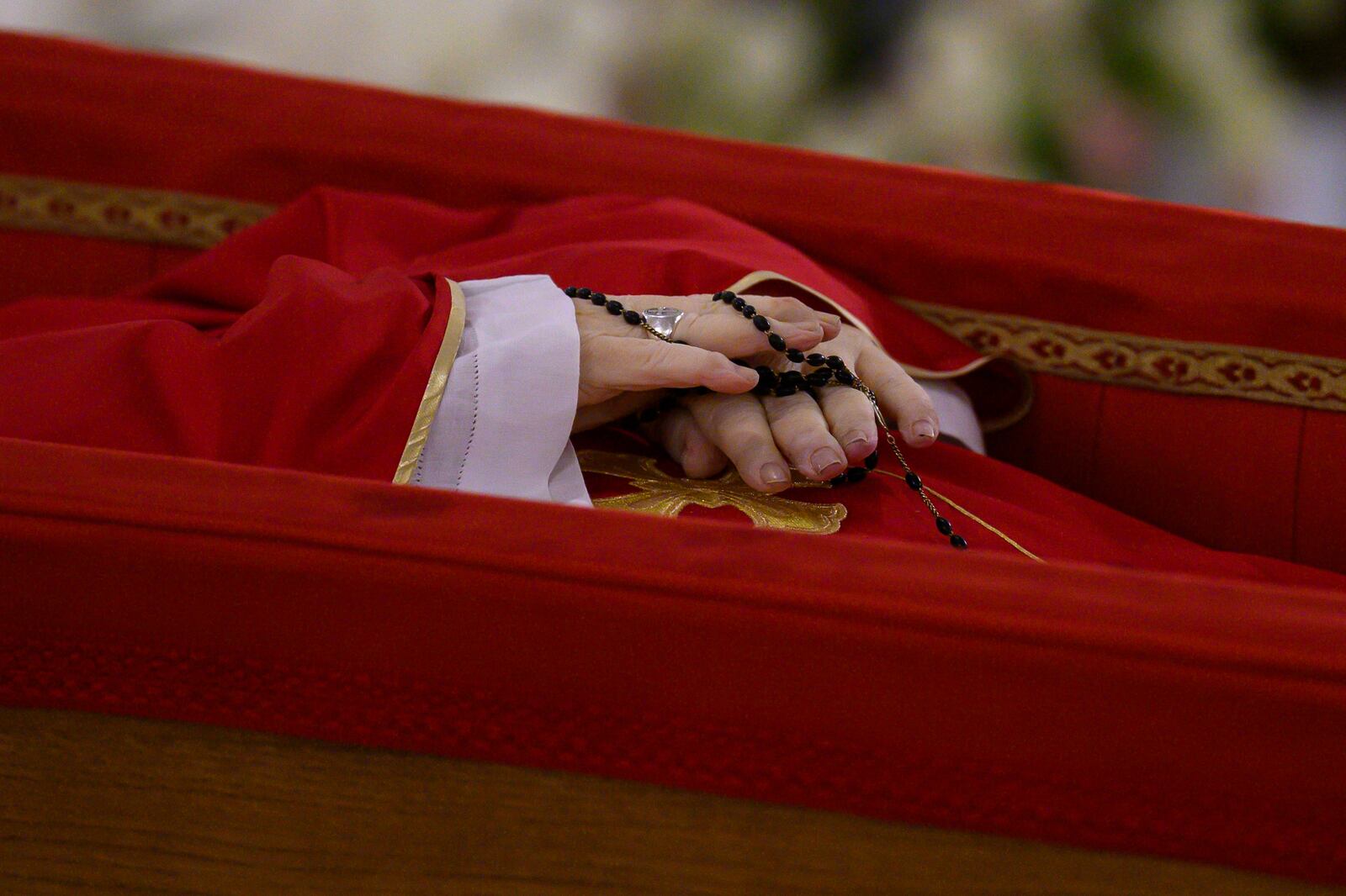 Pope Francis's body is laid out in state inside his private chapel at the Vatican, Monday, April 21, 2025. (Vatican Media via AP, HO)