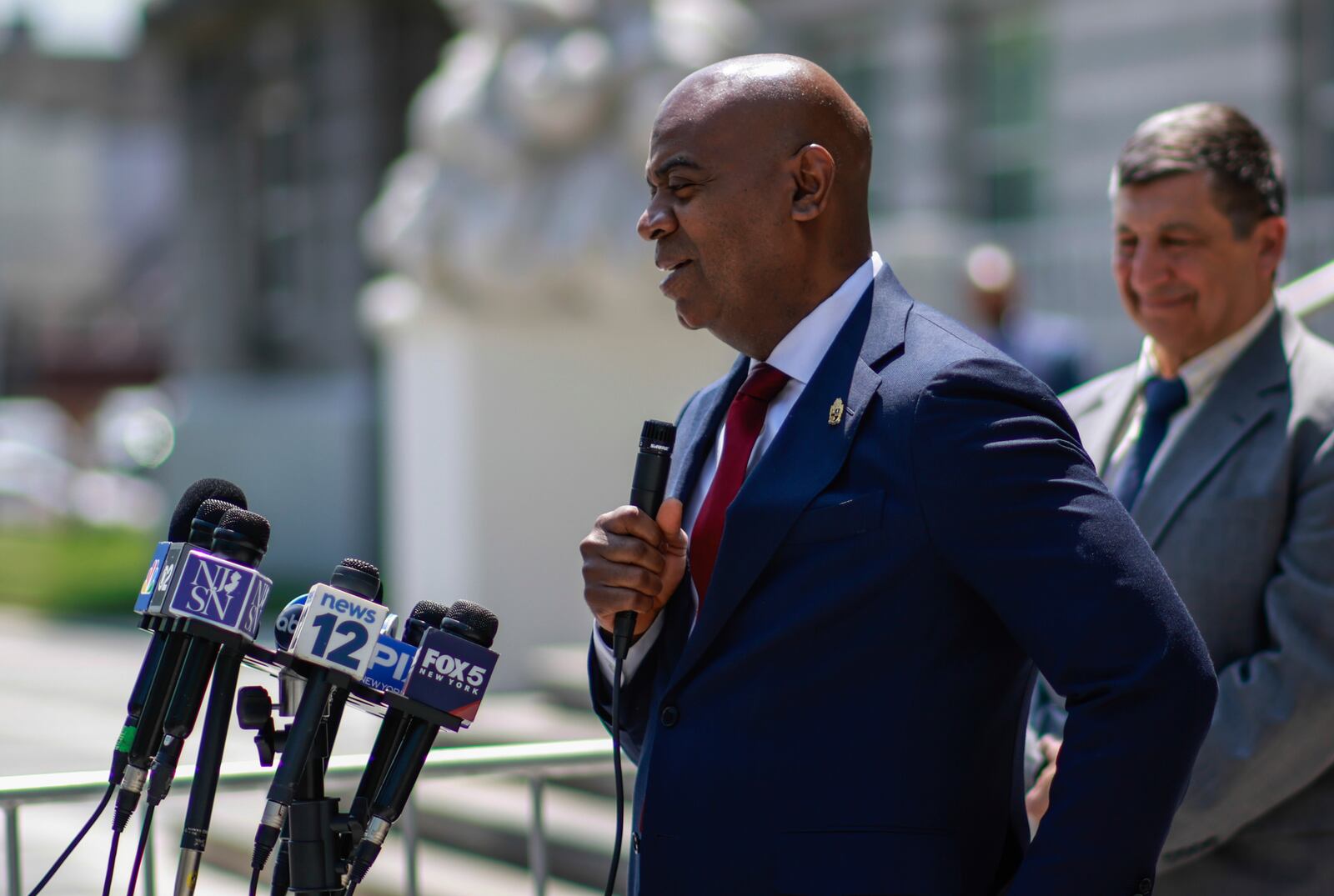 Newark Mayor Ras Baraka speaks during a press conference regarding his May 9th arrest at Delaney Hall, outside U.S. District Court for the District of New Jersey, Tuesday, June 3, 2025, in Newark, N.J. (AP Photo/Kena Betancur)