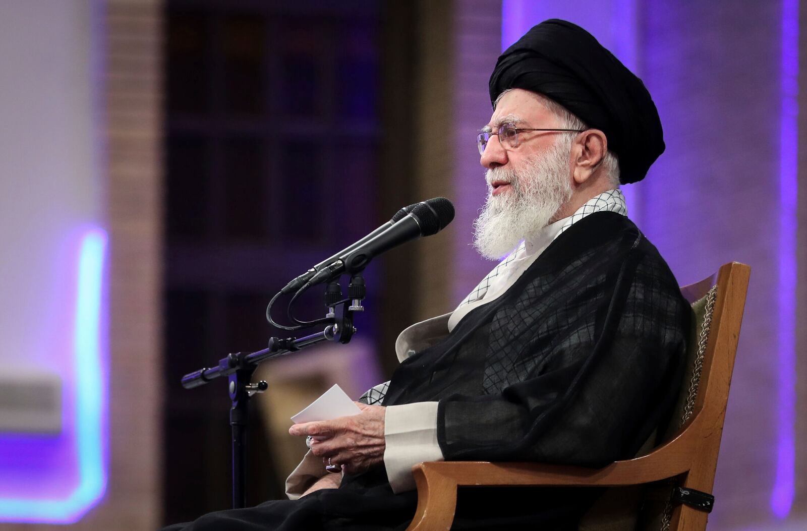 In this photo released by the official website of the office of the Iranian supreme leader, Supreme Leader Ayatollah Ali Khamenei speaks during a memorial in Tehran, Iran, Tuesday, May 20, 2025 for late President Ebrahim Raisi, who died in a helicopter crash last year. (Office of the Iranian Supreme Leader via AP)