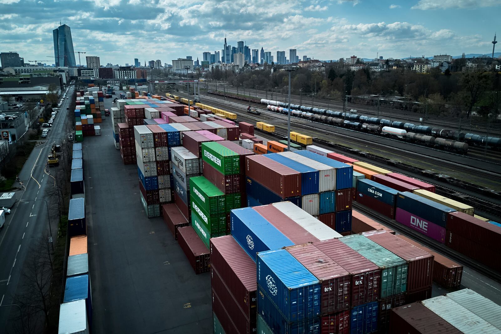 FILE - Containers are piled up at a cargo terminal in Frankfurt, Germany, April 1, 2025. (AP Photo/Michael Probst, File)