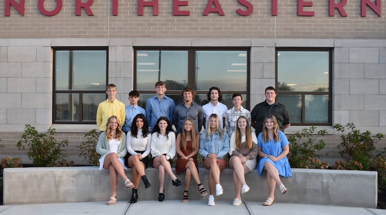 Members of the Northeastern High School 2022 Homecoming Court are, front row: Grace Chadwell, Hailey Neer, Emma Stamper, Cali Gilbert, Reese Donaldson, Joslin Mefford and Shelby Hastings; and back row: Luke Mefford, Brock Hatfield, Brady Gillam, Hunter Albright, Adam Laughbaum, Grant Goodfellow and Kippy Hall.
The Northeastern High School Homecoming Parade will begin at 6 p.m. on Thursday, Sept. 29 at the United Church of South Vienna and will travel down Main Street, finishing in the parking lot of the new Northeastern PK-12 Campus. CONTRIBUTED