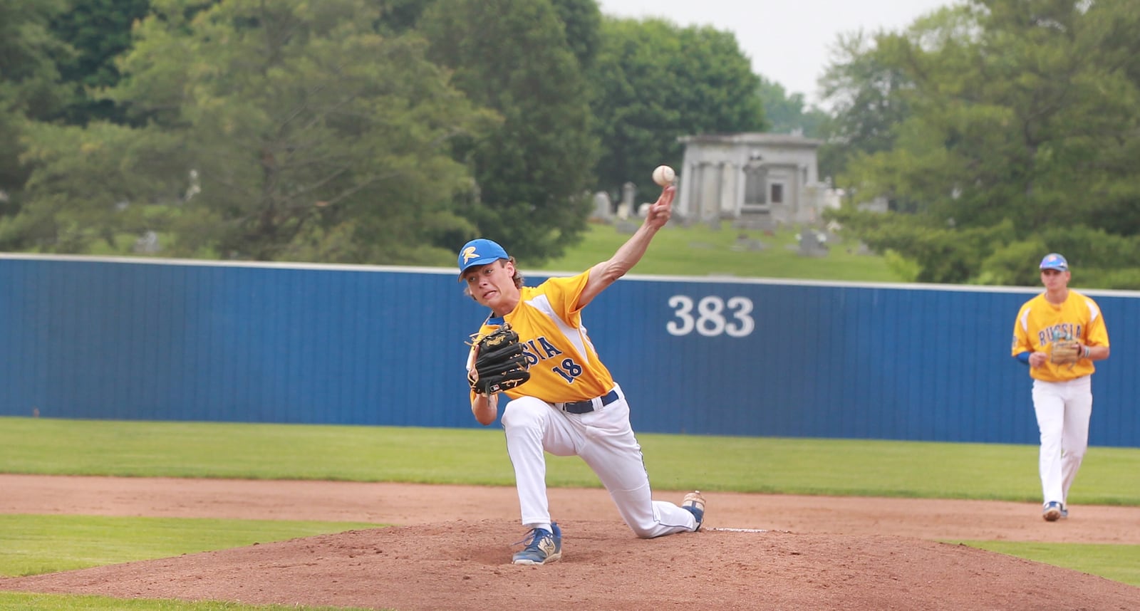 Maddox Goubeaux pitches in a Russia-Cedarville DVII baseball regional final June 5, 2025, at Cedarville University.