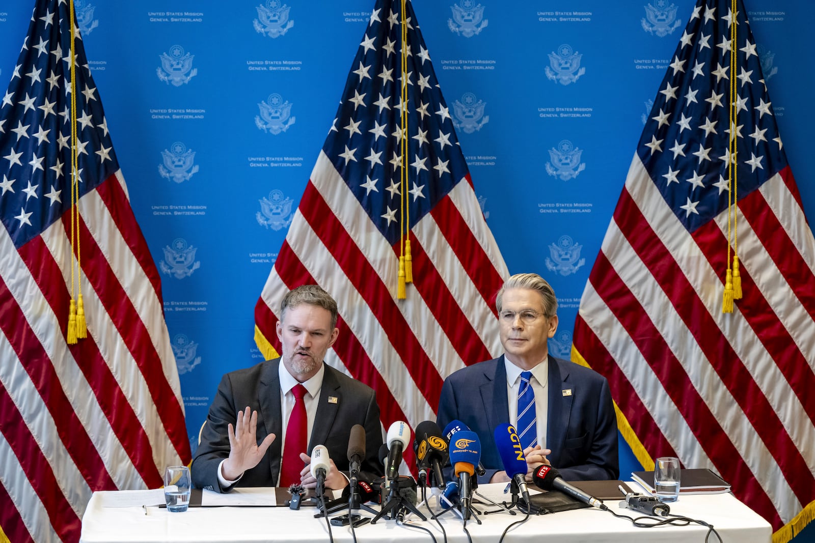 US Trade Representative Jamieson Greer, left, and US Secretary of the Treasury Scott Bessent take part in a press conference after two days of closed-door discussions on trade between the United States and China, in Geneva, Switzerland, Monday, May 12, 2025. (Jean-Christophe Bott/Keystone via AP)
