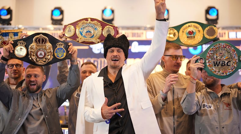 FILE - Ukraine's boxer Oleksandr Usyk attends a press conference in Wembley stadium in London, Thursday, July 17, 2025, ahead of the boxing fight between Britain's Daniel Dubois and Oleksandr Usyk on Saturday. (AP Photo/Kin Cheung, file)