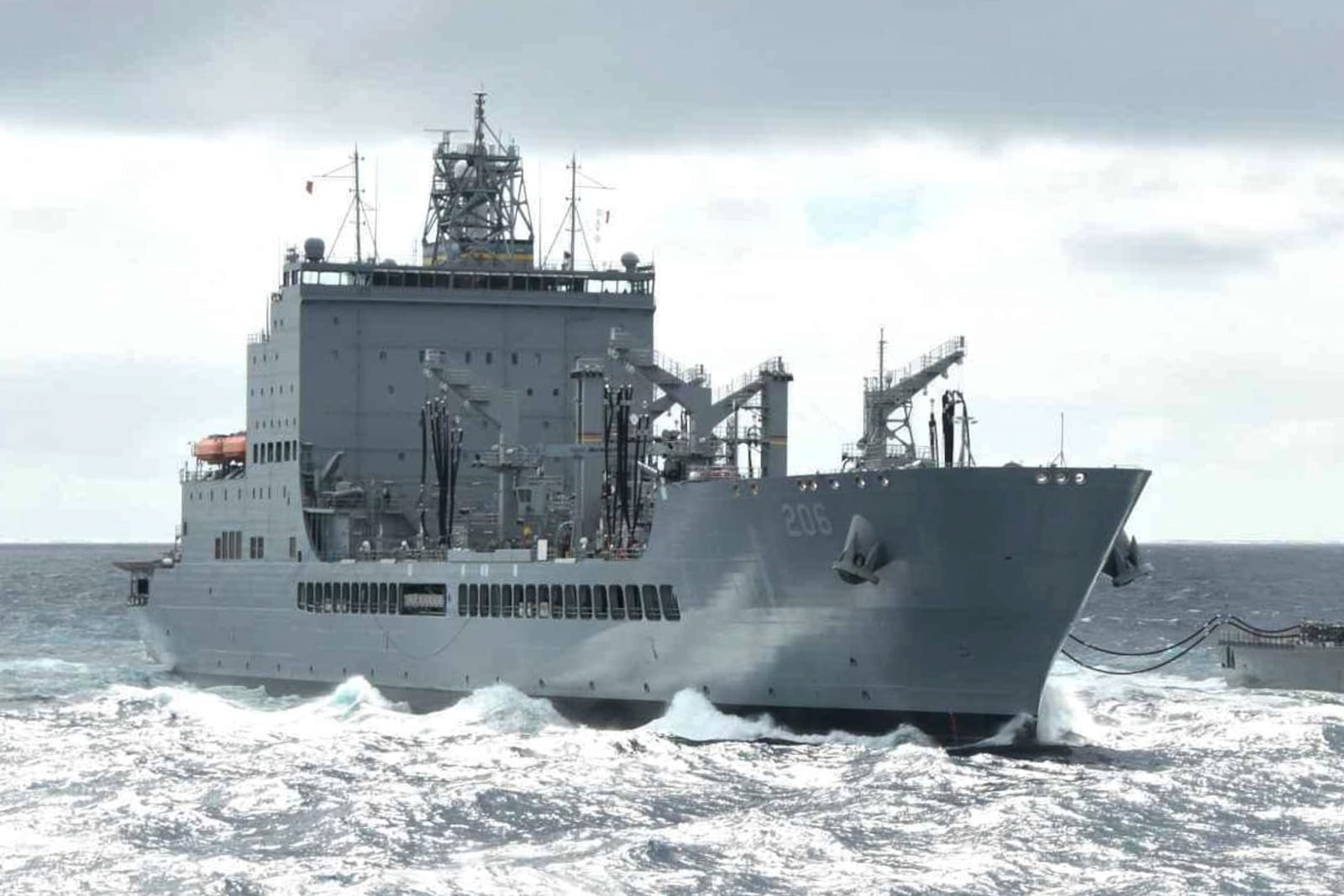 This photo provided by the U.S. Navy shows the Military Sealift Command's fleet replenishment oiler USNS Harvey Milk (T-AO 206) in Norfolk Va., on Sept. 24, 2024. (LaShawn Sykes/U.S. Navy via AP)