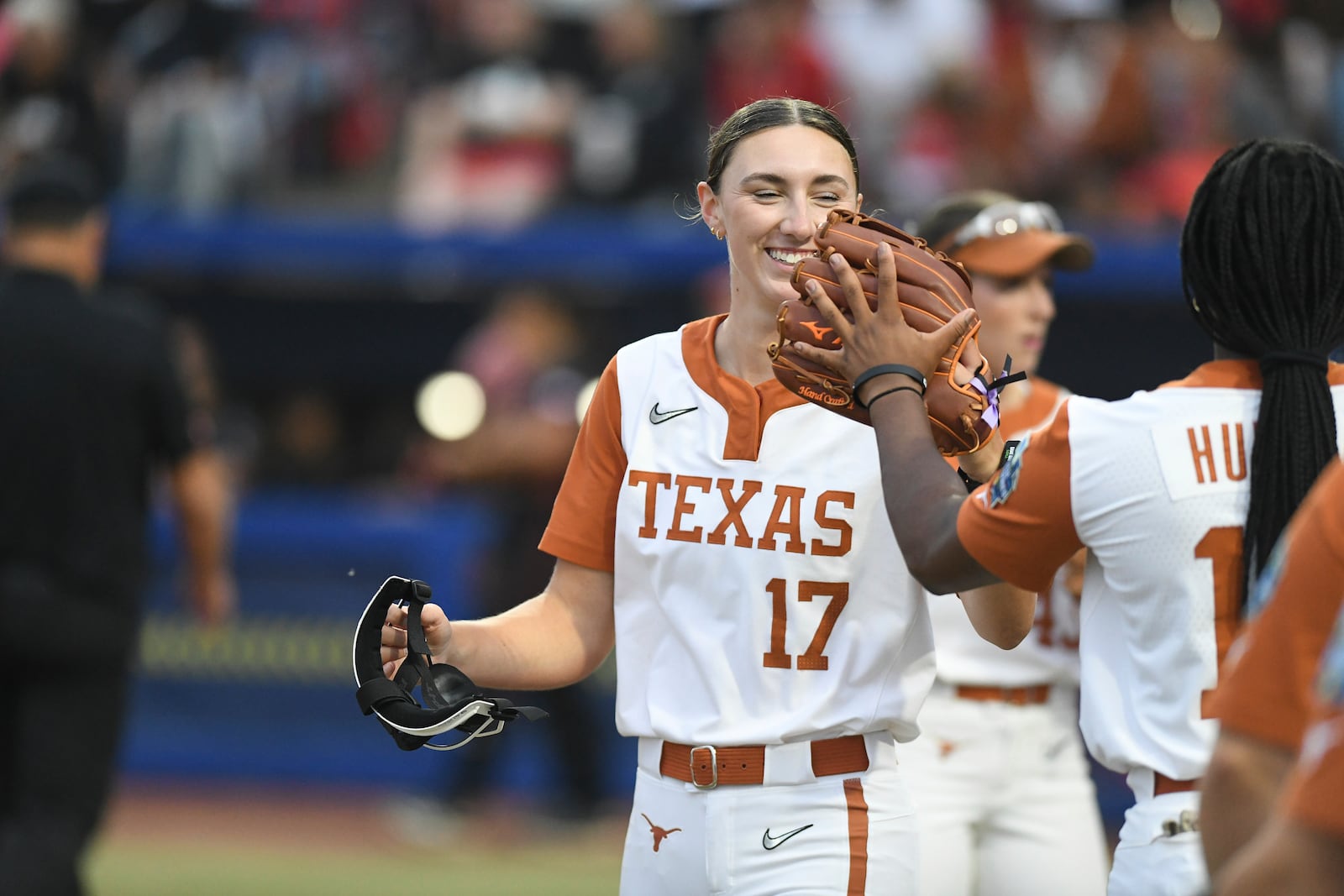 Texas pitcher Teagan Kavan celebrates during the first game of the NCAA softball Women's College World Series finals against Texas Tech in Oklahoma City, Wednesday, June 4, 2025. (AP Photo/Kyle Phillips)