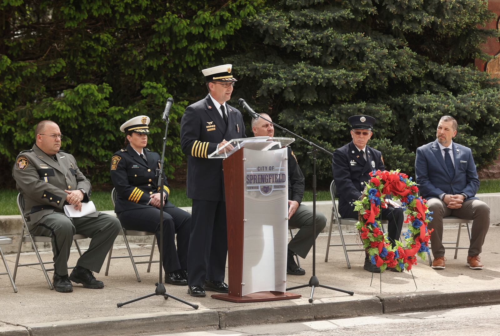 Springfield Fire chief Jacob King speaks during Public Safety Forces Day on Friday, May 2, 2025, near the Clark County Public Safety Memorial. JOSEPH COOKE/STAFF