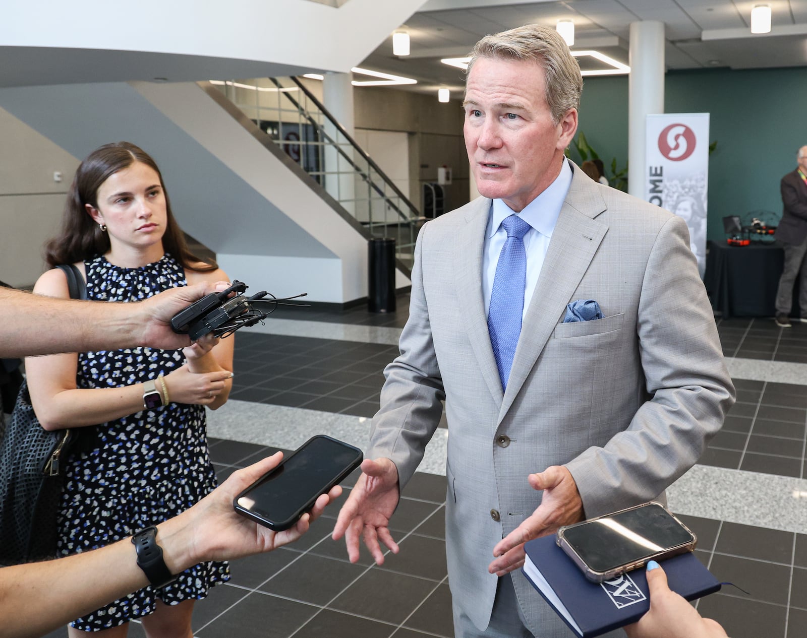 Sen. Jon Husted talks with reporters during a visit to Sinclair Community College on Wednesday, Aug. 13. BRYANT BILLING / STAFF