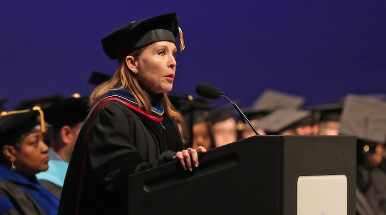 Clark State president Jo Alice Blondin speaking during the 2019 Commencement Ceremony. BILL LACKEY/STAFF