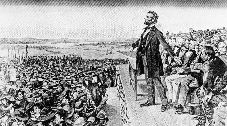 FILE - This undated illustration depicts President Abraham Lincoln making his Gettysburg Address at the dedication of the Gettysburg National Cemetery on the battlefield at Gettysburg, Pa., Nov. 19, 1863. (Library of Congress via AP, File)