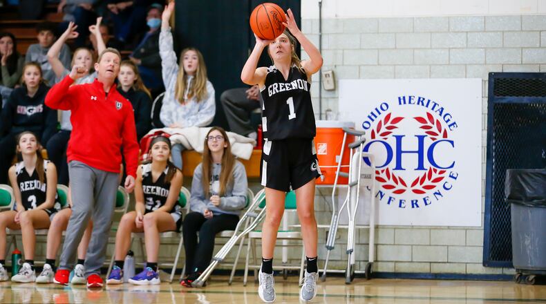 Cutline: Greenon High School freshman Sarah Riley shoots a 3-pointer during their game against Catholic Central on Saturday, Jan. 29 in Springfield. CONTRIBUTED PHOTO BY MICHAEL COOPER