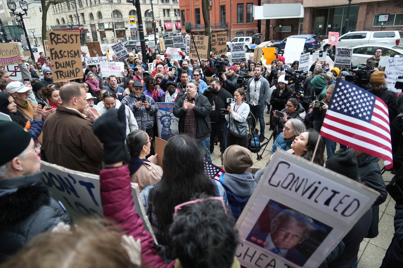 Supporters of Judge Hannah Dugan hold a rally in Milwaukee at the U.S. Courthouse in Milwaukee on Friday, April 25, 2025. (Lee Matz/Milwaukee Independent via AP)