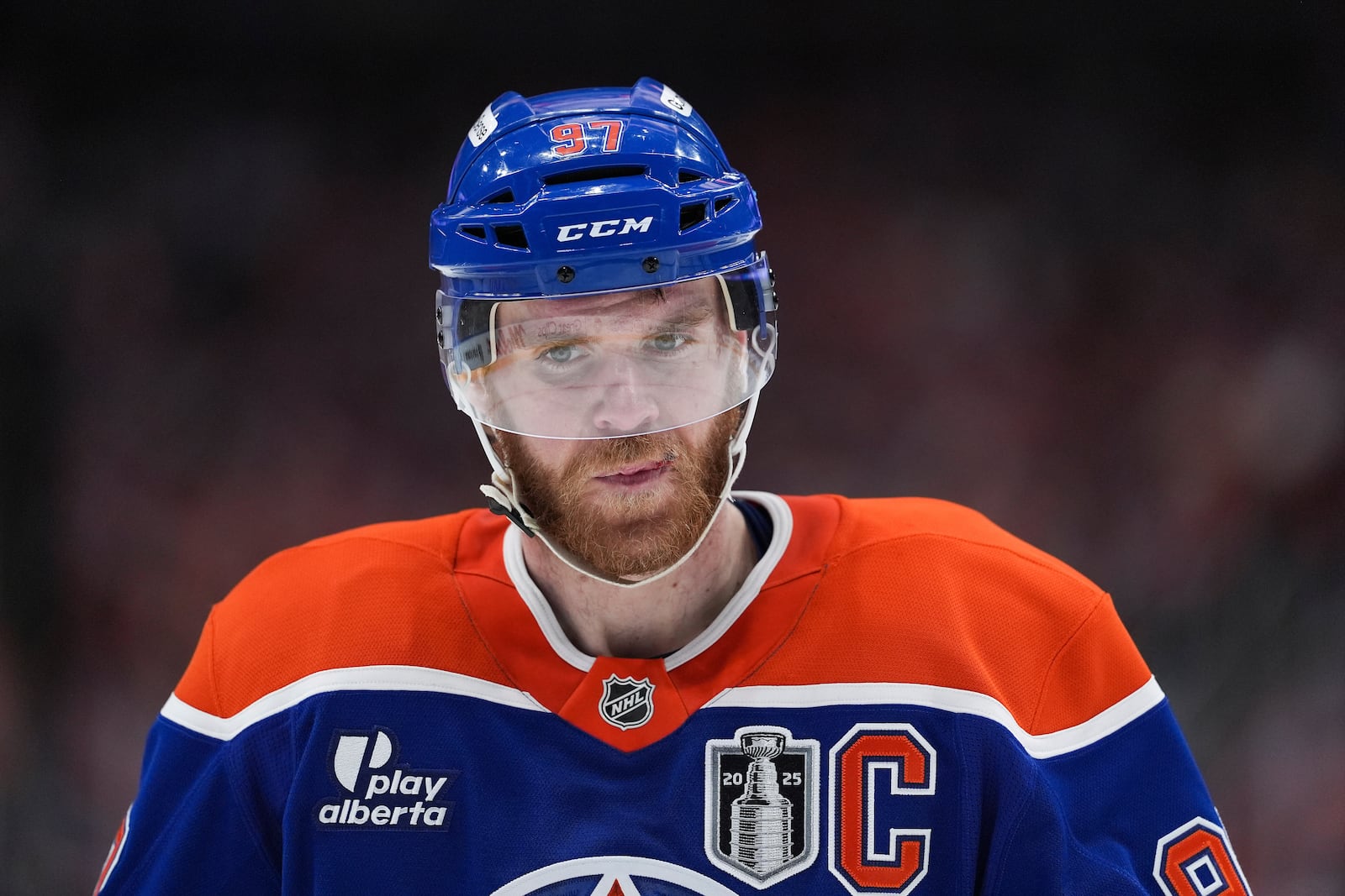 FILE - Edmonton Oilers' Connor McDavid skates during a stoppage in play during the second period in Game 2 of the NHL Stanley Cup Final against the Florida Panthers, in Edmonton, on June 6, 2025. (Darryl Dyck/The Canadian Press via AP, File)