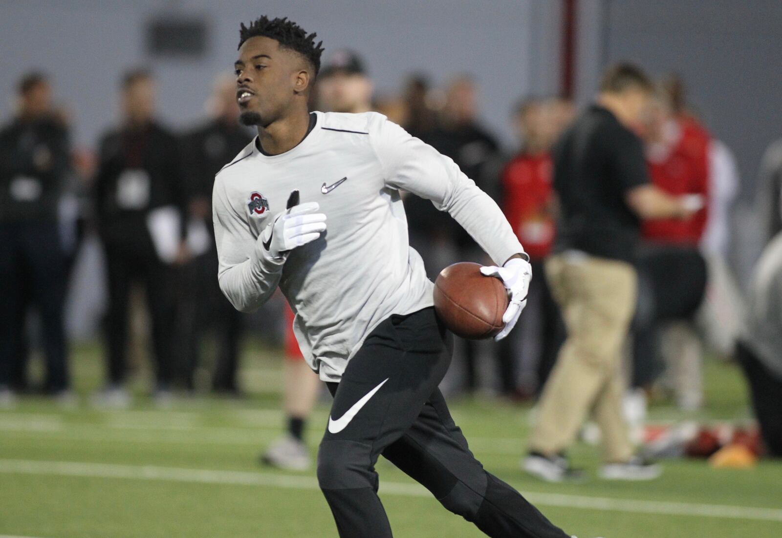 Gareon Conley works out at Ohio State’s Pro Day on Thursday, March 23, 2017, at the Woody Hayes Athletic Center in Columbus. David Jablonski/Staff