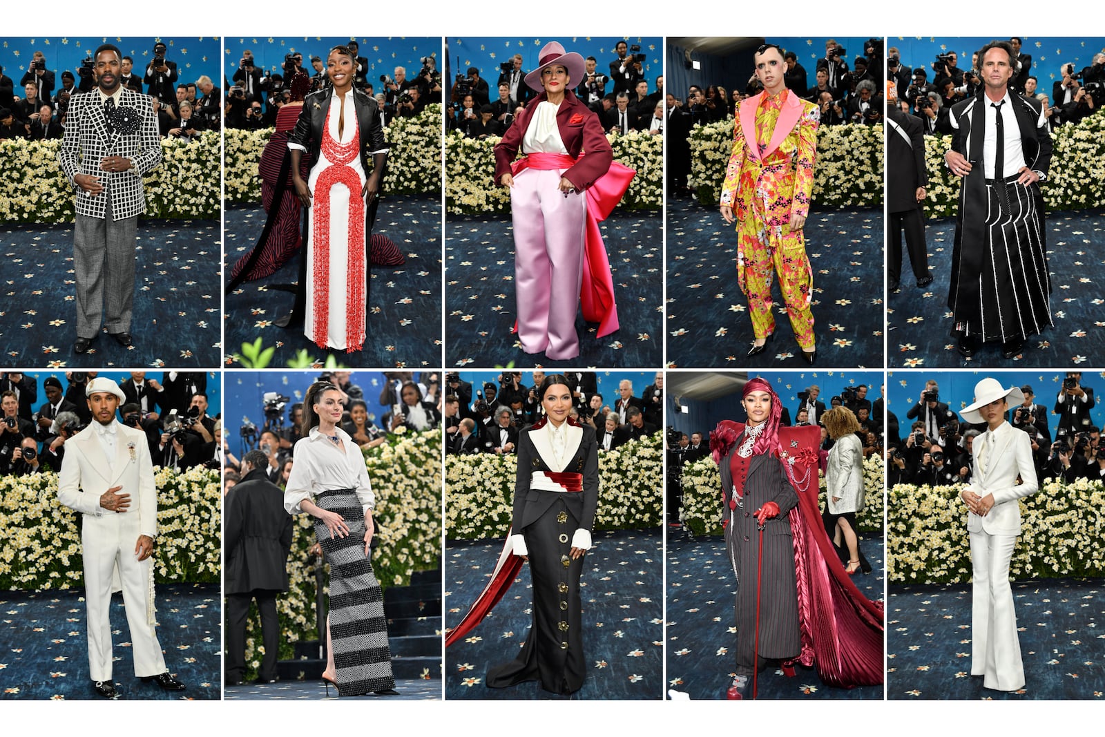 This combination photo shows fashion worn by Coleman Domingo, top row from left, Ayo Edebiri, Tracee Ellis Ross, Cole Escola, Walton Goggins, bottom row from left, Lewis Hamilton, Ann Hathaway, Mindy Kaling, Teyana Taylor and Zendaya, at The Metropolitan Museum of Art's Costume Institute benefit gala on May 5, 2025, in New York. (Photo by Evan Agostini/Invision/AP)
