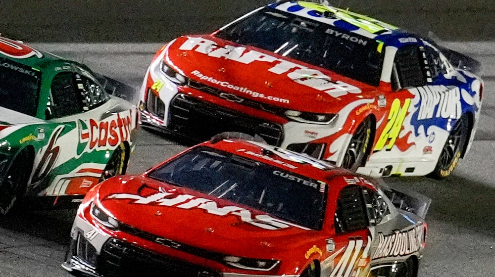 William Byron, (24) runs on the track before a crash during the first of two NASCAR Daytona 500 qualifying auto races at Daytona International Speedway, Thursday, Feb. 12, 2026, in Daytona Beach, Fla. (AP Photo/Mike Stewart)