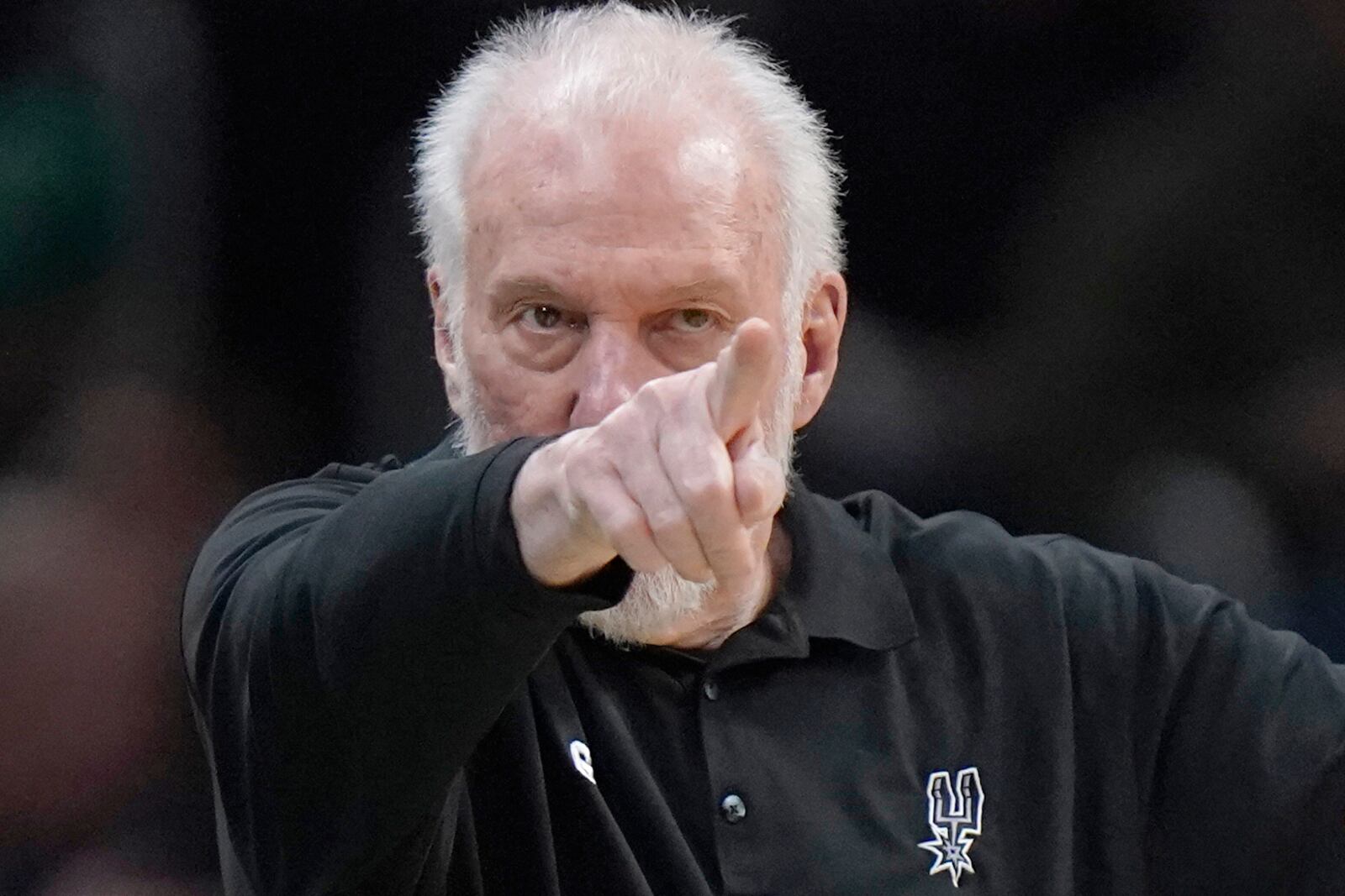 FILE - San Antonio Spurs head coach Gregg Popovich points from the bench in the second half of an NBA basketball game against the Boston Celtics, Sunday, March 26, 2023, in Boston. (AP Photo/Steven Senne, File)