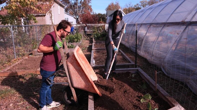 Volunteers work at the Visioning Garden space on Linden Avenue move earth in 2022. Photo provided by the Clark County Combined Health District.