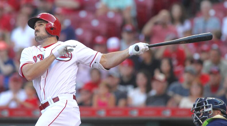 The Reds’ Adam Duvall hits a two-run home run in the first inning against the Brewers on Tuesday, June 27, 2017, at Great American Ball Park in Cincinnati. David Jablonski/Staff