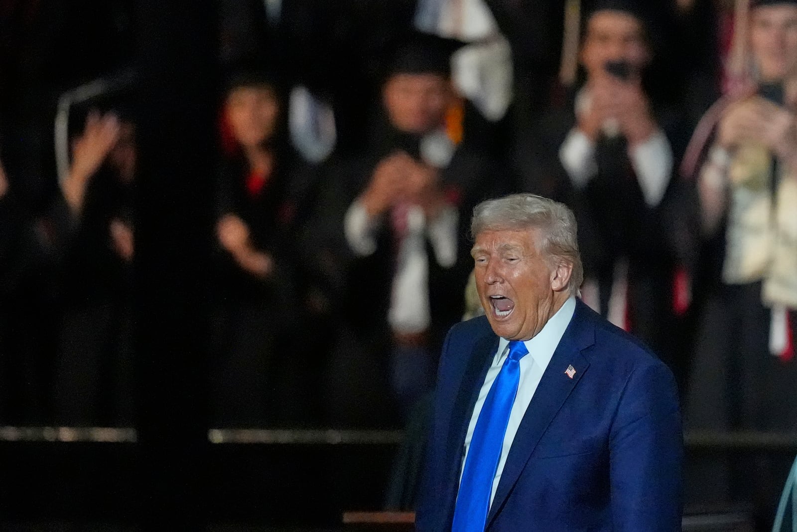 President Donald Trump yells after giving a commencement address at the University of Alabama, Thursday, May 1, 2025, in Tuscaloosa, Ala. (AP Photo/Mike Stewart)