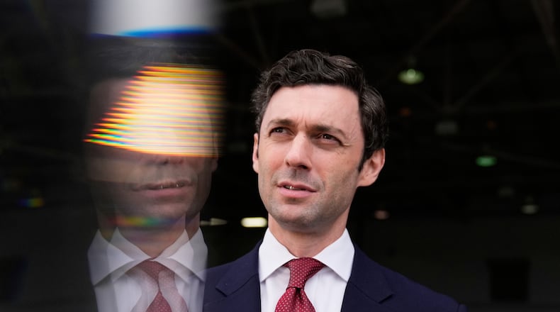 FILE - Sen. Jon Ossoff, D-Ga., speaks during an interview at Dobbins Air Reserve Base, April 26, 2025, in Marietta, Ga. (AP Photo/Brynn Anderson, File)